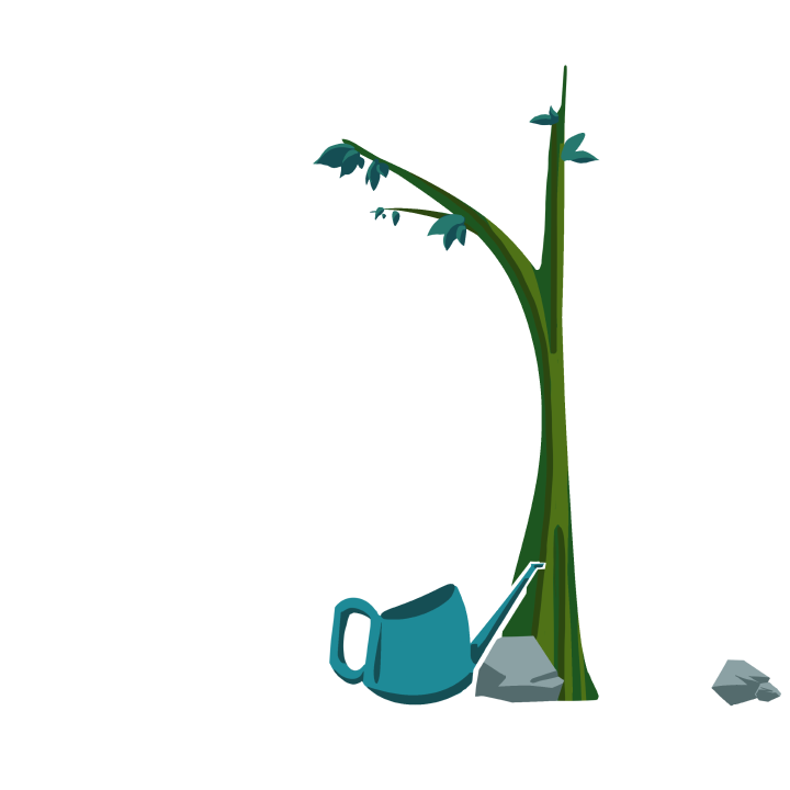 A tree with a watering can at the base